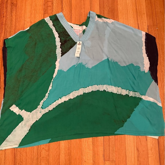 Chico's  Kaftan Poncho Size S/M Small Medium Pullover Tie Dye Green V neck BOHO# - Picture 2 of 8